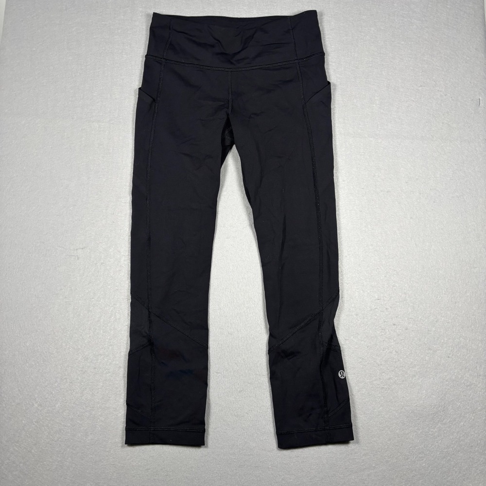 Lululemon Size 4 Pace Cropped Leggings Rear Zipper x10416 Black Yoga Stretch